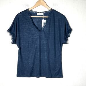 NWT Belinda navy blue V-neck blouse top shirt with lace trim size small S B53